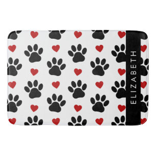 Pattern Of Paws, Black Paws, Red Hearts, Your Name Bath Mat