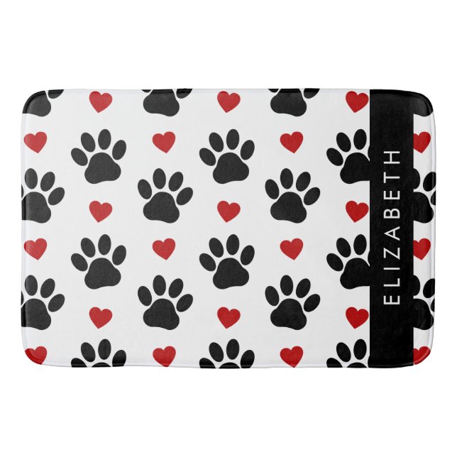 Pattern Of Paws, Black Paws, Red Hearts, Your Name Bath Mat (Front)