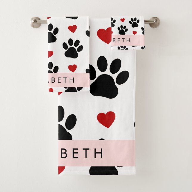 Pattern Of Paws, Black Paws, Red Hearts, Your Name Bath Towel Set (Insitu)