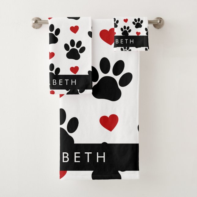 Pattern Of Paws, Black Paws, Red Hearts, Your Name Bath Towel Set (Insitu)