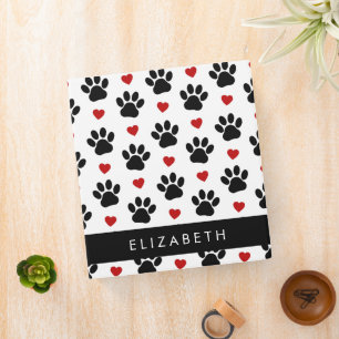 Pattern Of Paws, Black Paws, Red Hearts, Your Name Binder