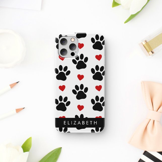 Pattern Of Paws, Black Paws, Red Hearts, Your Name Case-Mate iPhone Case (Creator Uploaded)