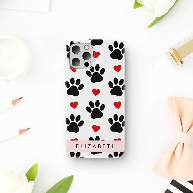 Pattern Of Paws, Black Paws, Red Hearts, Your Name Case-Mate iPhone Case (Creator Uploaded)