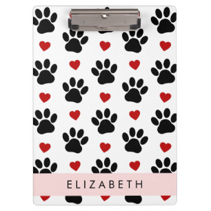 Pattern Of Paws, Black Paws, Red Hearts, Your Name Clipboard