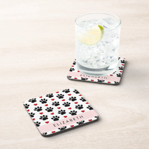 Pattern Of Paws, Black Paws, Red Hearts, Your Name Coaster