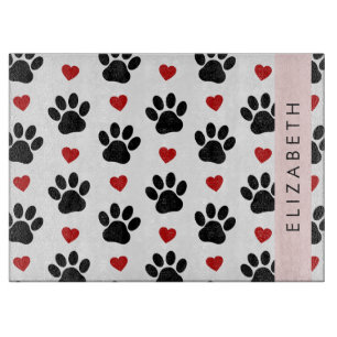 Pattern Of Paws, Black Paws, Red Hearts, Your Name Cutting Board