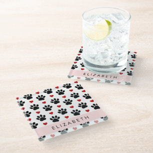 Pattern Of Paws, Black Paws, Red Hearts, Your Name Glass Coaster