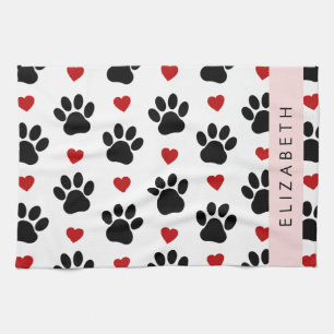 Pattern Of Paws, Black Paws, Red Hearts, Your Name Kitchen Towel