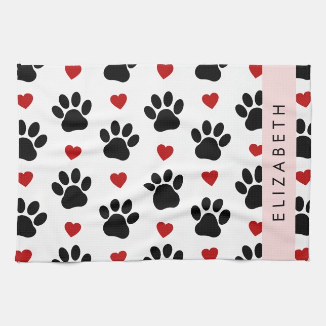 Pattern Of Paws, Black Paws, Red Hearts, Your Name Kitchen Towel (Horizontal)