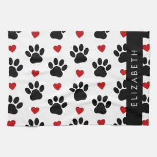 Pattern Of Paws, Black Paws, Red Hearts, Your Name Kitchen Towel
