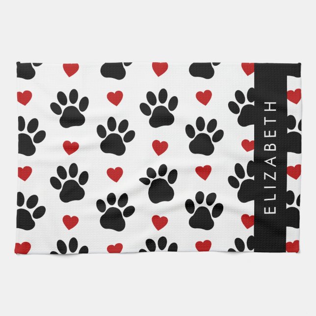 Pattern Of Paws, Black Paws, Red Hearts, Your Name Kitchen Towel (Horizontal)