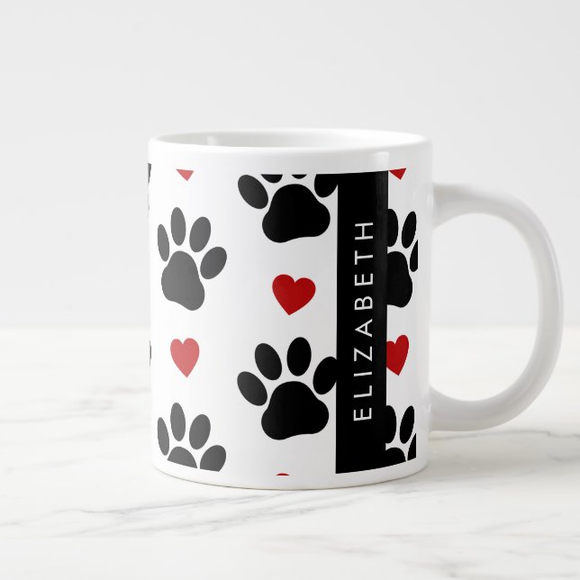 Pattern Of Paws, Black Paws, Red Hearts, Your Name Large Coffee Mug (Right)