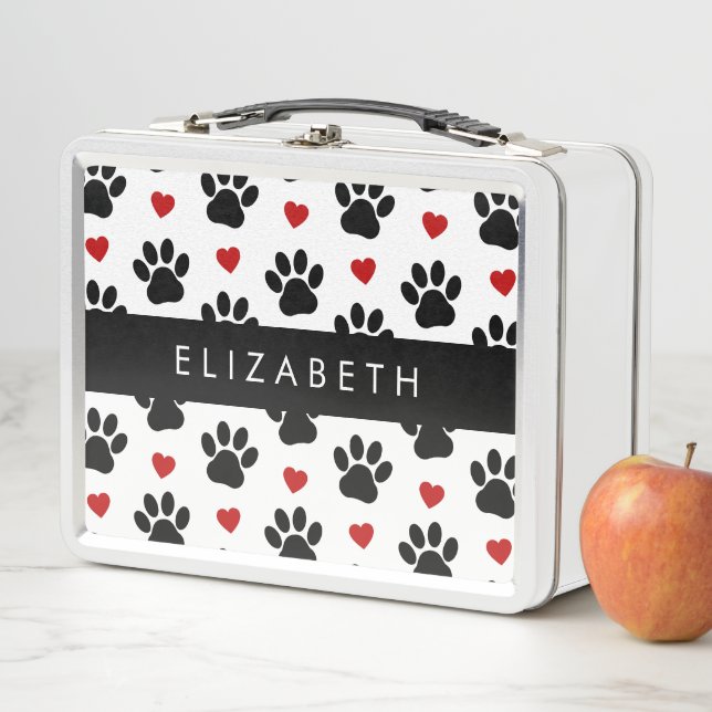 Pattern Of Paws, Black Paws, Red Hearts, Your Name Metal Lunch Box (In Situ)