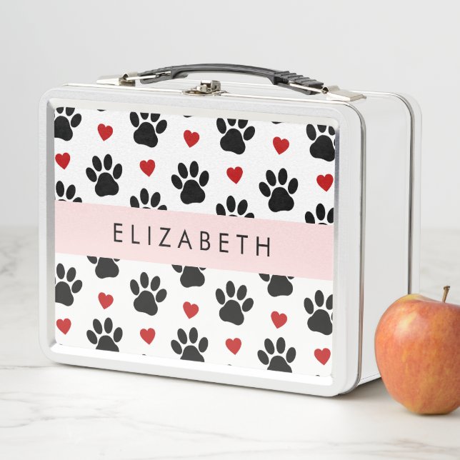 Pattern Of Paws, Black Paws, Red Hearts, Your Name Metal Lunch Box (In Situ)
