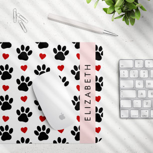 Pattern Of Paws, Black Paws, Red Hearts, Your Name Mouse Pad