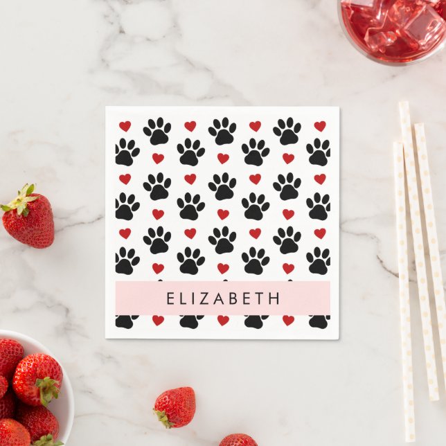 Pattern Of Paws, Black Paws, Red Hearts, Your Name Napkin (Insitu)