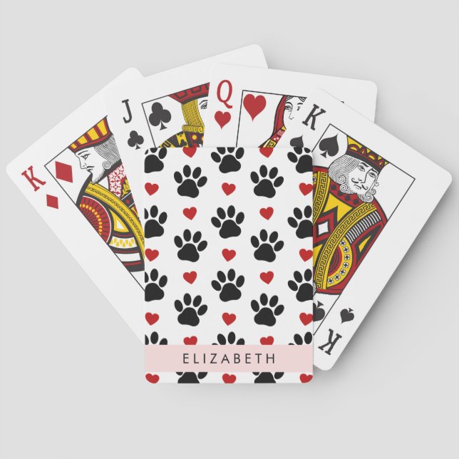 Pattern Of Paws, Black Paws, Red Hearts, Your Name Playing Cards (Back)