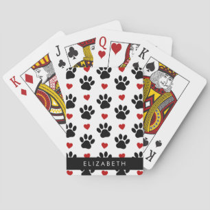 Pattern Of Paws, Black Paws, Red Hearts, Your Name Playing Cards