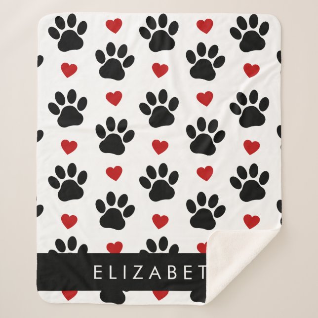 Pattern Of Paws, Black Paws, Red Hearts, Your Name Sherpa Blanket (Front)