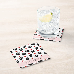 Pattern Of Paws, Black Paws, Red Hearts, Your Name Square Paper Coaster
