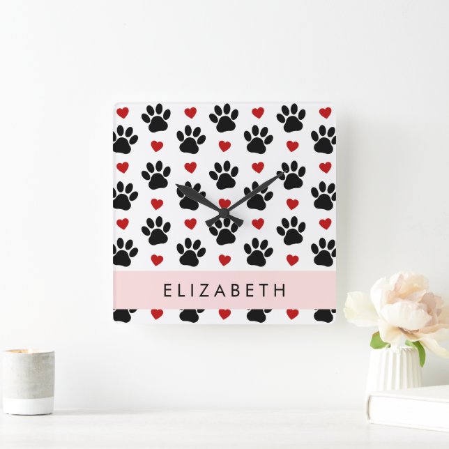 Pattern Of Paws, Black Paws, Red Hearts, Your Name Square Wall Clock (Home)