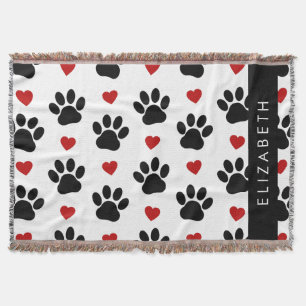 Pattern Of Paws, Black Paws, Red Hearts, Your Name Throw Blanket