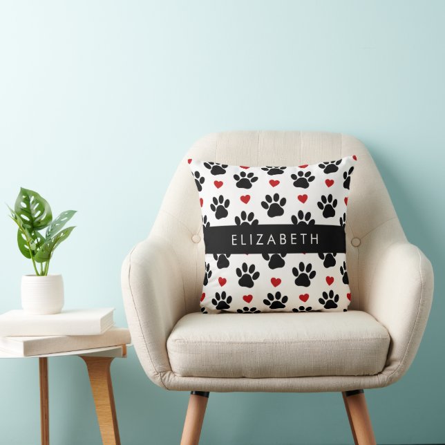 Pattern Of Paws, Black Paws, Red Hearts, Your Name Throw Pillow (Chair)