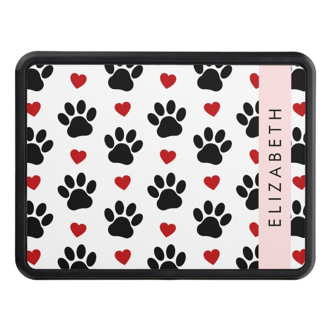 Pattern Of Paws, Black Paws, Red Hearts, Your Name Trailer Hitch Cover (Front)