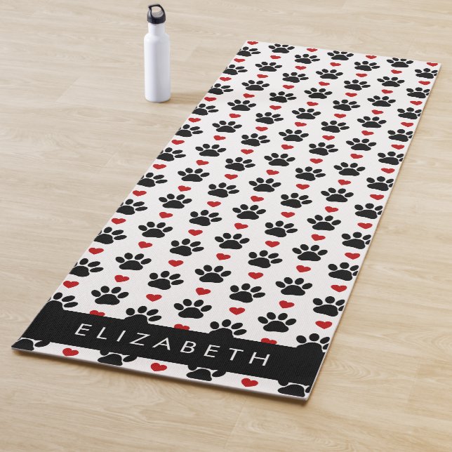 Pattern Of Paws, Black Paws, Red Hearts, Your Name Yoga Mat (In Situ)