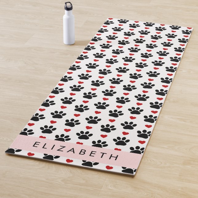 Pattern Of Paws, Black Paws, Red Hearts, Your Name Yoga Mat (In Situ)