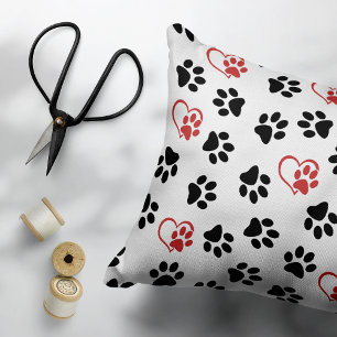 Pattern Of Paws, Black Paws, Red Paws, Hearts Accent Pillow