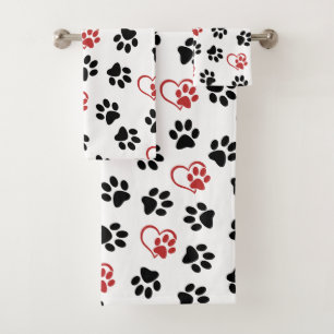 Pattern Of Paws, Black Paws, Red Paws, Hearts Bath Towel Set