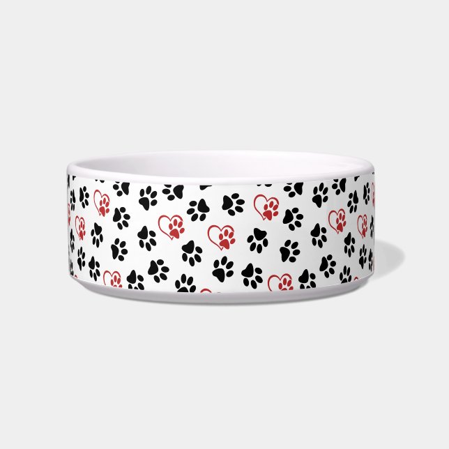 Pattern Of Paws, Black Paws, Red Paws, Hearts Bowl (Front)