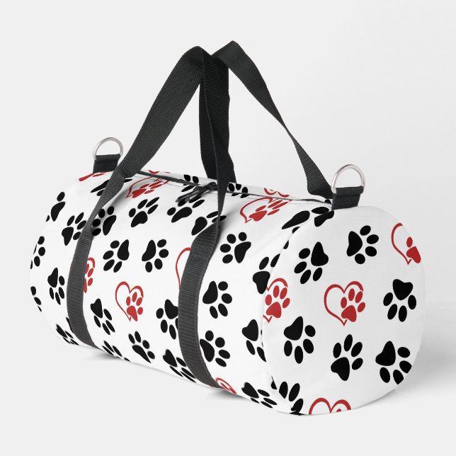 Pattern Of Paws, Black Paws, Red Paws, Hearts Duffle Bag (Left Corner)