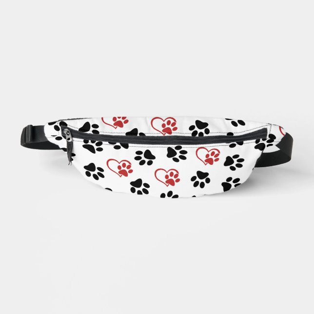 Pattern Of Paws, Black Paws, Red Paws, Hearts Fanny Pack (Front)