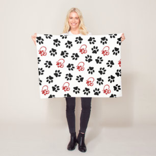Pattern Of Paws, Black Paws, Red Paws, Hearts Fleece Blanket