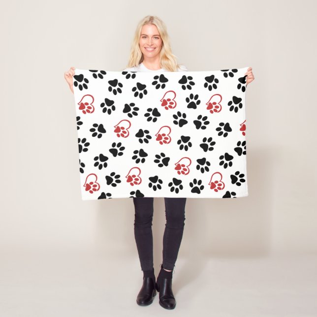 Pattern Of Paws, Black Paws, Red Paws, Hearts Fleece Blanket (In Situ)