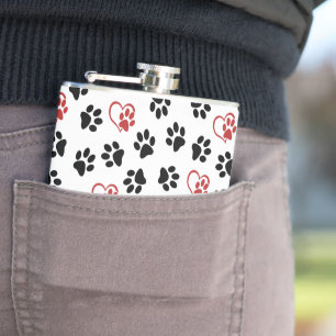Pattern Of Paws, Black Paws, Red Paws, Hearts Hip Flask