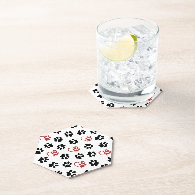 Pattern Of Paws, Black Paws, Red Paws, Hearts Paper Coaster (Insitu)