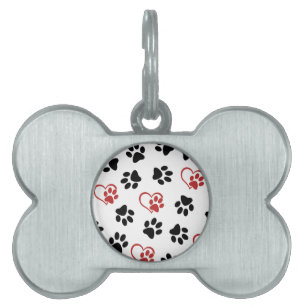 Pattern Of Paws, Black Paws, Red Paws, Hearts Pet ID Tag