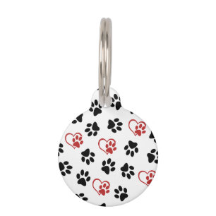 Pattern Of Paws, Black Paws, Red Paws, Hearts Pet Tag