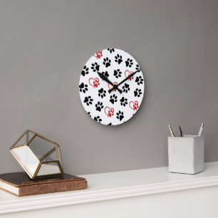 Pattern Of Paws, Black Paws, Red Paws, Hearts Round Clock