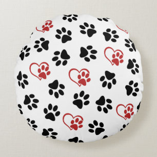 Pattern Of Paws, Black Paws, Red Paws, Hearts Round Pillow