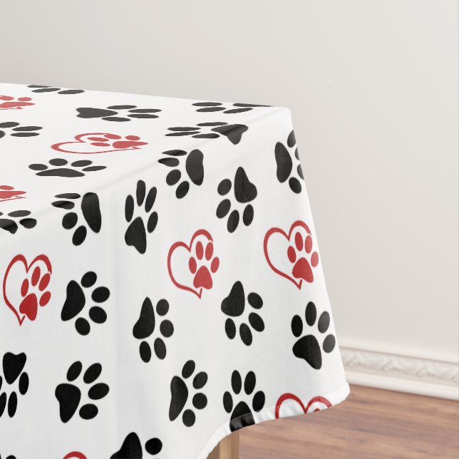 Pattern Of Paws, Black Paws, Red Paws, Hearts Tablecloth (In Situ)
