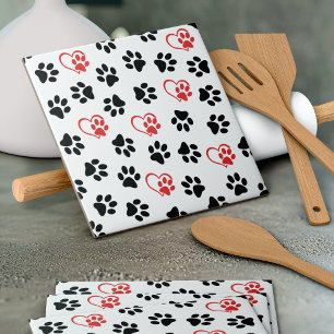 Pattern Of Paws, Black Paws, Red Paws, Hearts Tile