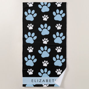Pattern Of Paws, Blue Paws, Dog Paws, Your Name Beach Towel