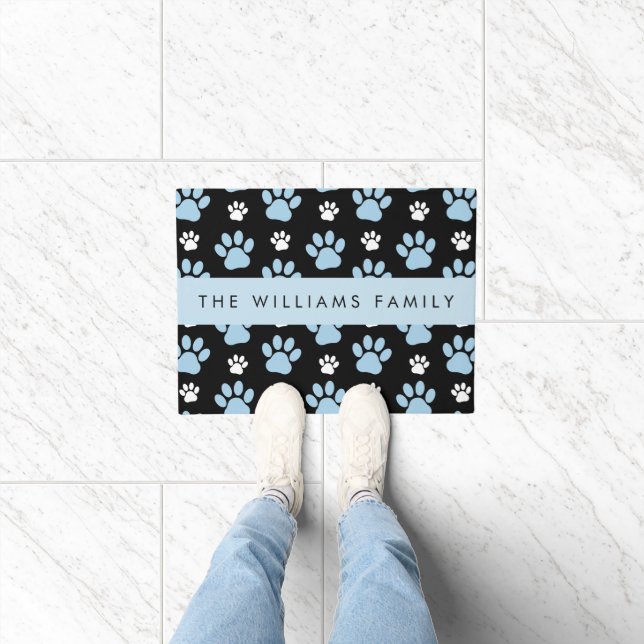 Pattern Of Paws, Blue Paws, Dog Paws, Your Name Doormat (Indoor)