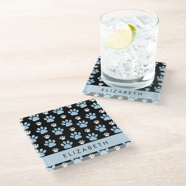 Pattern Of Paws, Blue Paws, Dog Paws, Your Name Glass Coaster (Angled)