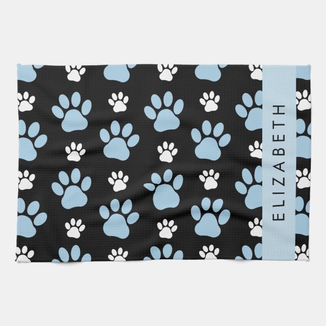 Pattern Of Paws, Blue Paws, Dog Paws, Your Name Kitchen Towel (Horizontal)