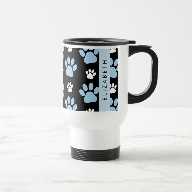 Pattern Of Paws, Blue Paws, Dog Paws, Your Name Travel Mug (Right)